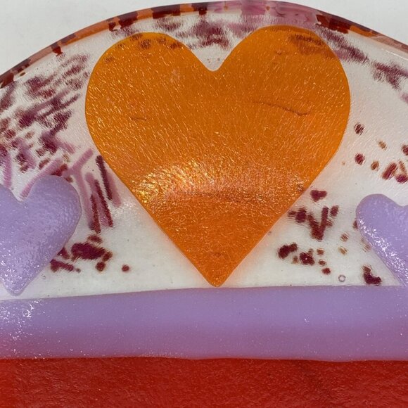 A Fox Fused Glass Heart Plate Tray 5” 1994 Art Glass Red Lavender Orange - Picture 2 of 9